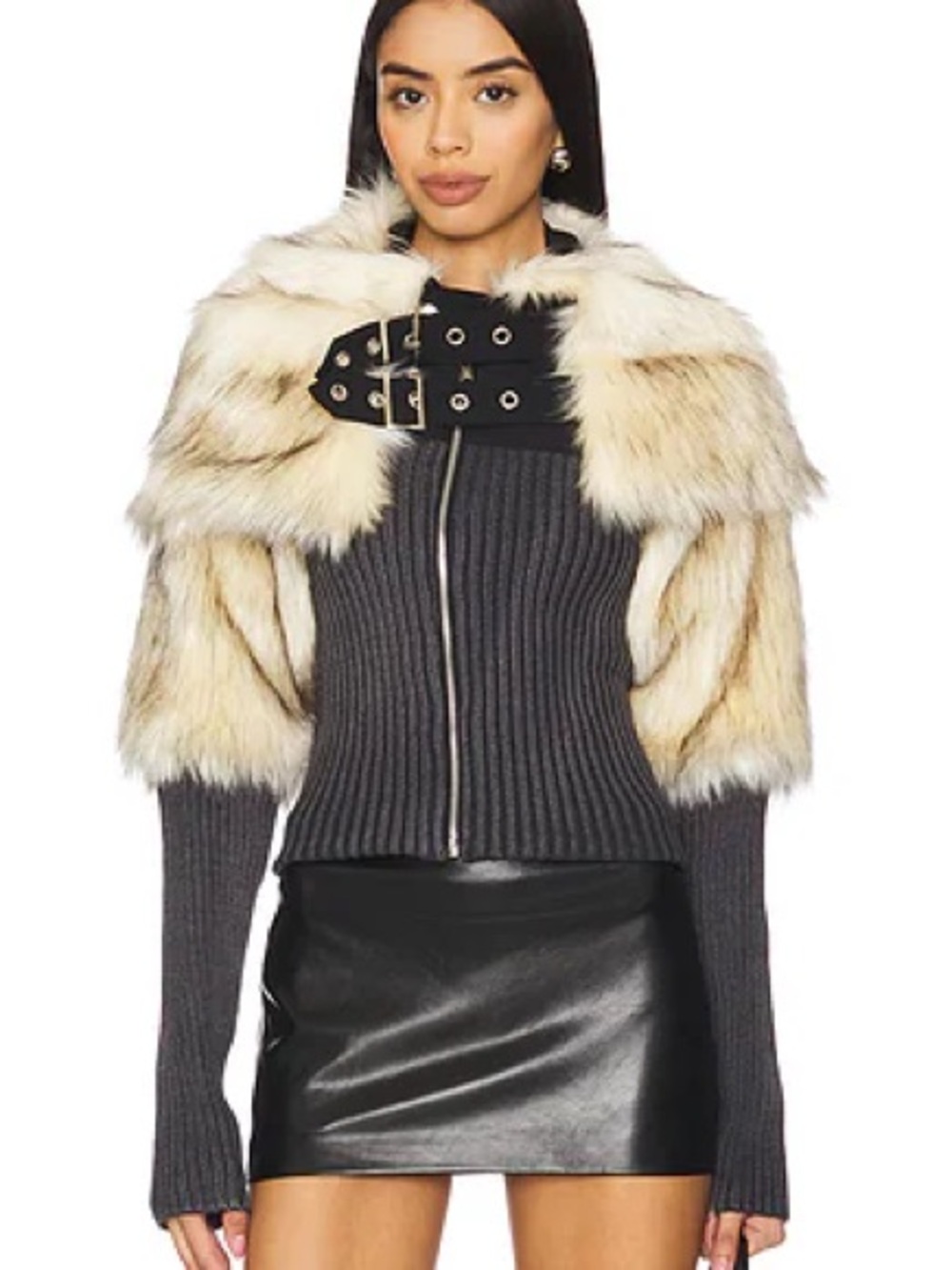 Faux Fur Trim Black Ribbed Zip-Up Vest